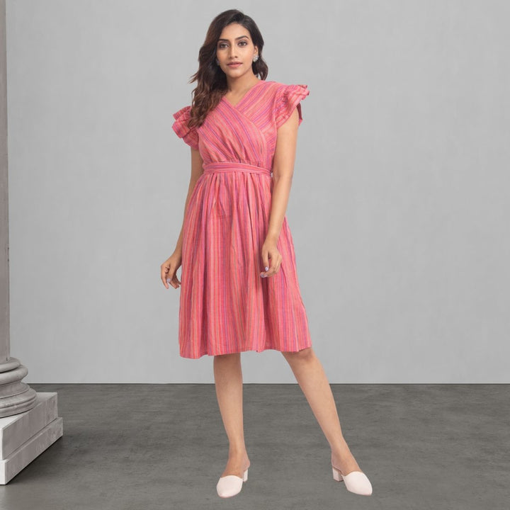 Stripe Pink Dress For Women | Stylish And Smart Wear | Girlish Ruffle Pattern 