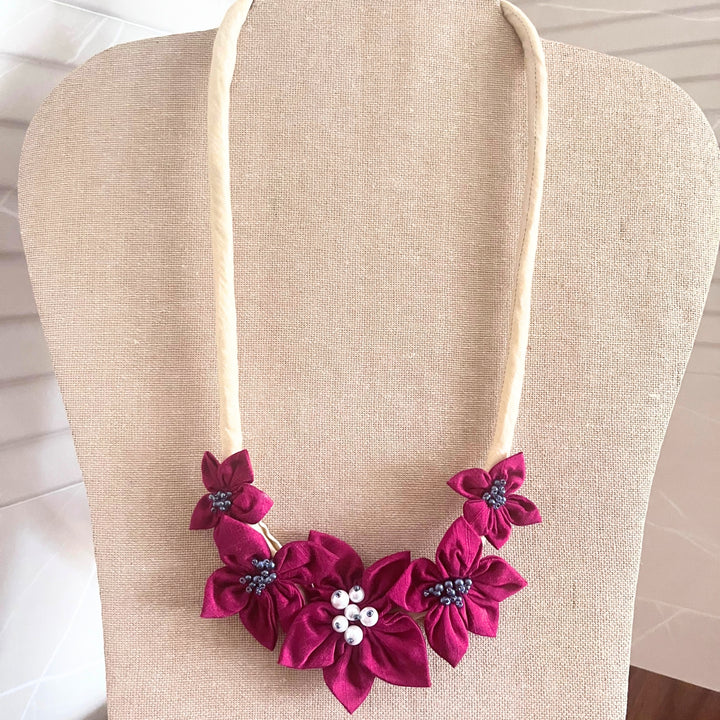 Floral Fabric Necklace For Women | Artistic & Hand Crafted | Magenta And Ivory