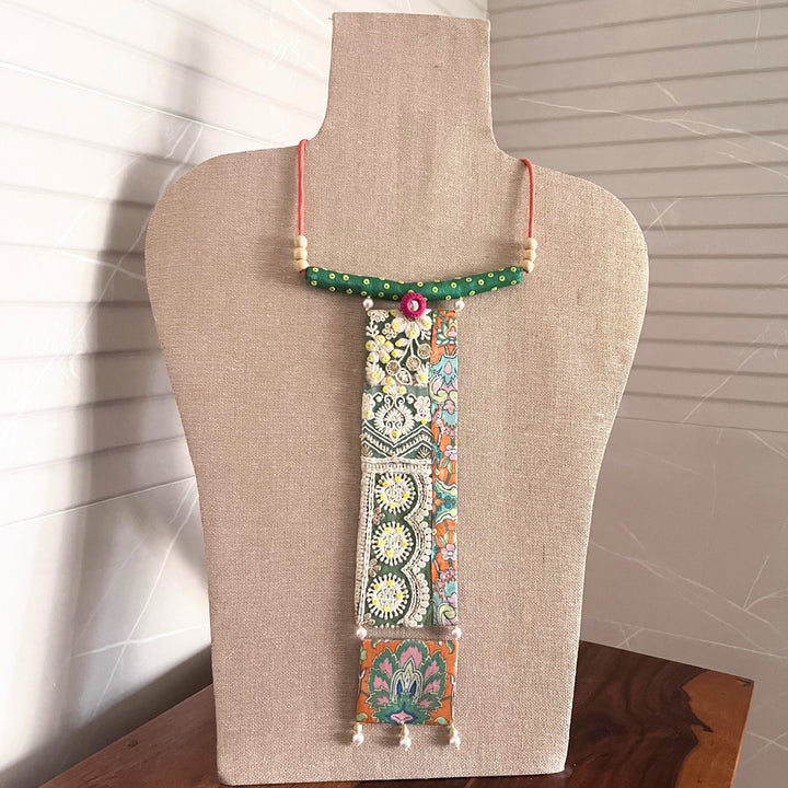 Orange and Green Long Necklace | Handcrafted Fabric Jewelry | Unique Ethnic Look