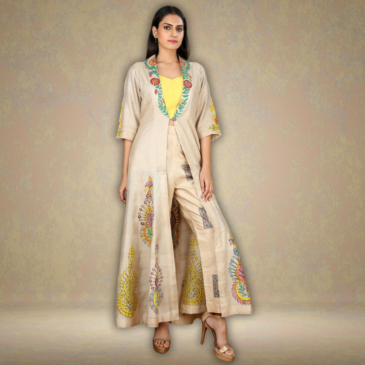 Niya Tussar Silk Floral Long Jacket | Madhubani Hand-Painted | Beige