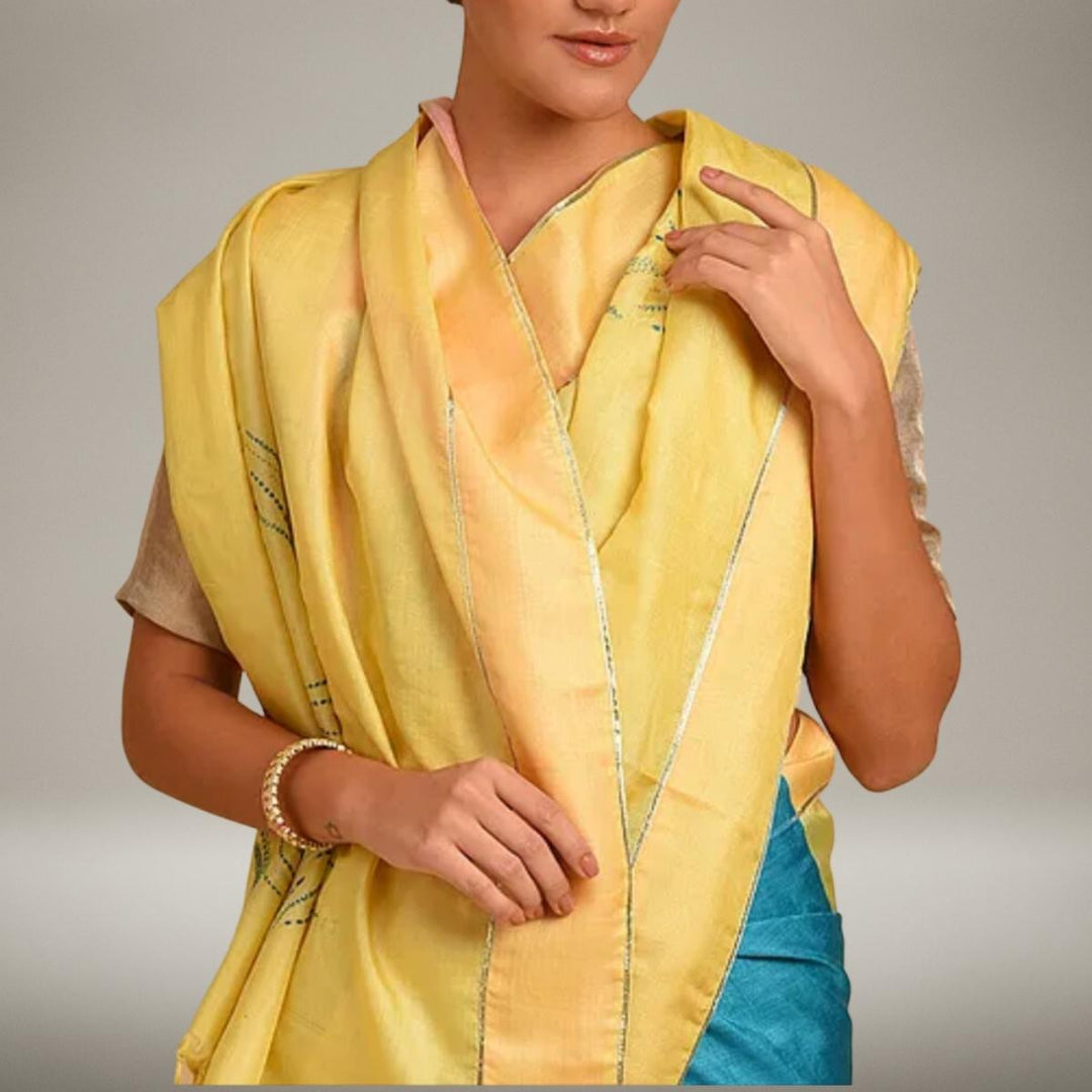 Sujani Embroidered Pure Tussar Silk HandHalf Saree | Yellow & Teal Blue | Festive Wear