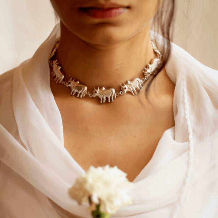 Hand-Crafted Cow Choker Neckpiece | Silver | Gemstone | Sustainably Crafted