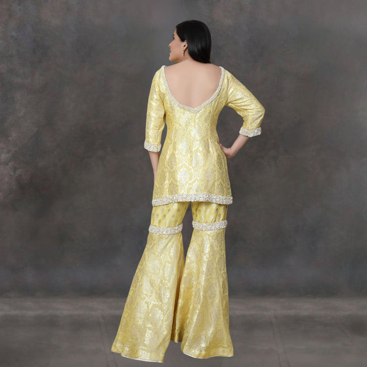 Naira Banarasi Kurta Gharara Set | Hand-Embellished | Graceful | Lemon Yellow & Fuchsia