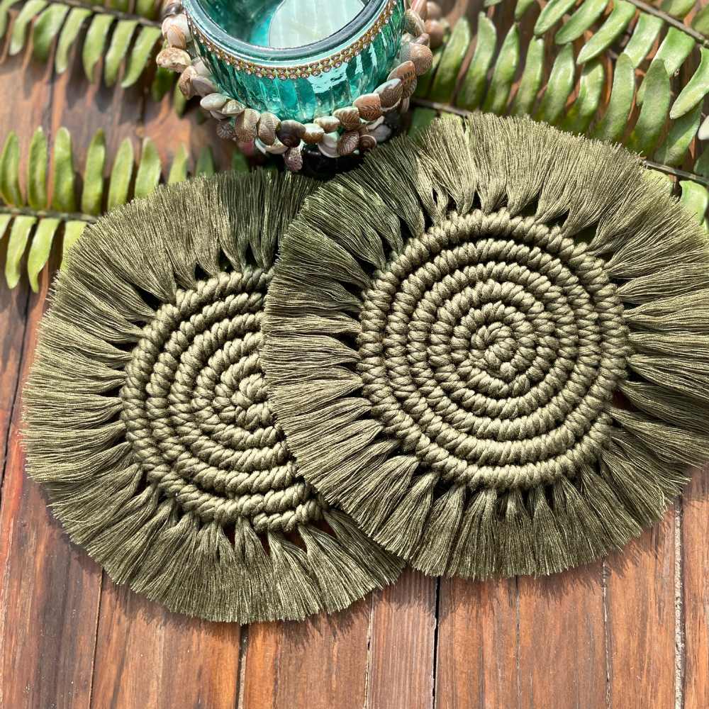 Set of Bohemian Style Hand-Crafted Round Table Mat, Napkin Ring & Coaster | Macrame | Set of 3