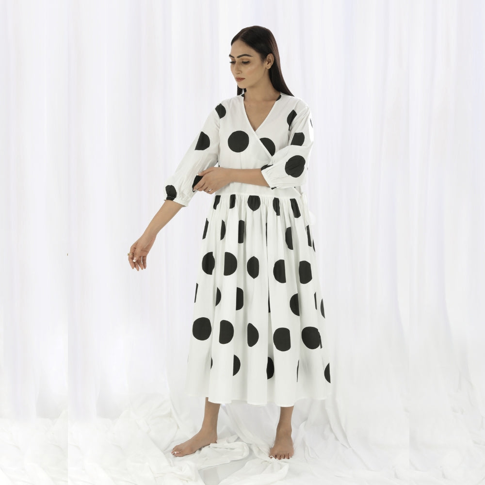 Overlapping Comfy Dress | Exuding Femininity in White & Black Polka Print