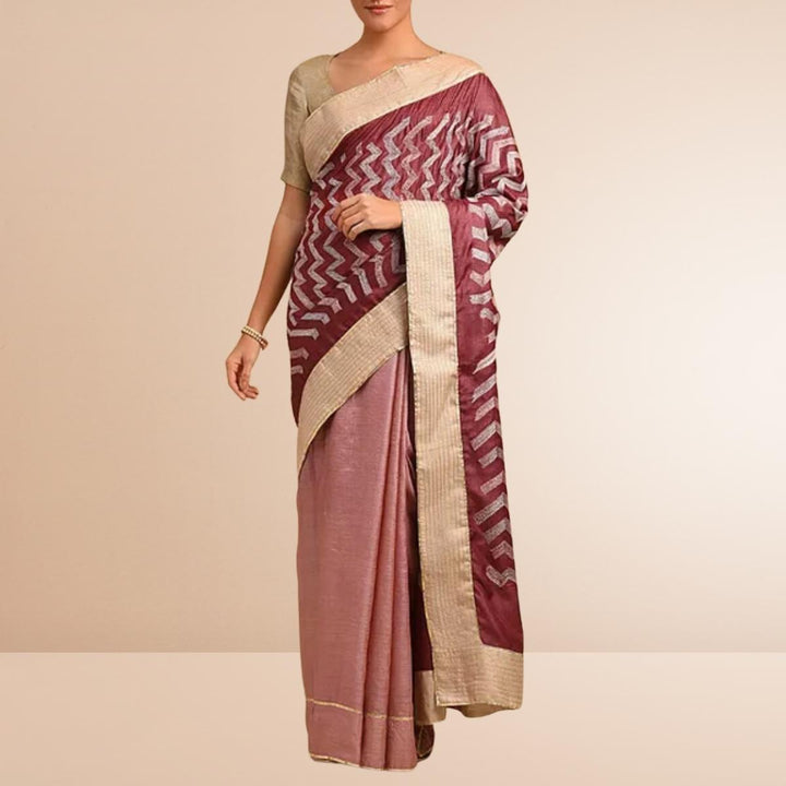 Maroon and Peach Half & Half Designer Saree | Classic Sujani Craft On Tussar Silk Base | Smart Chevron  Motif | Gota Work 