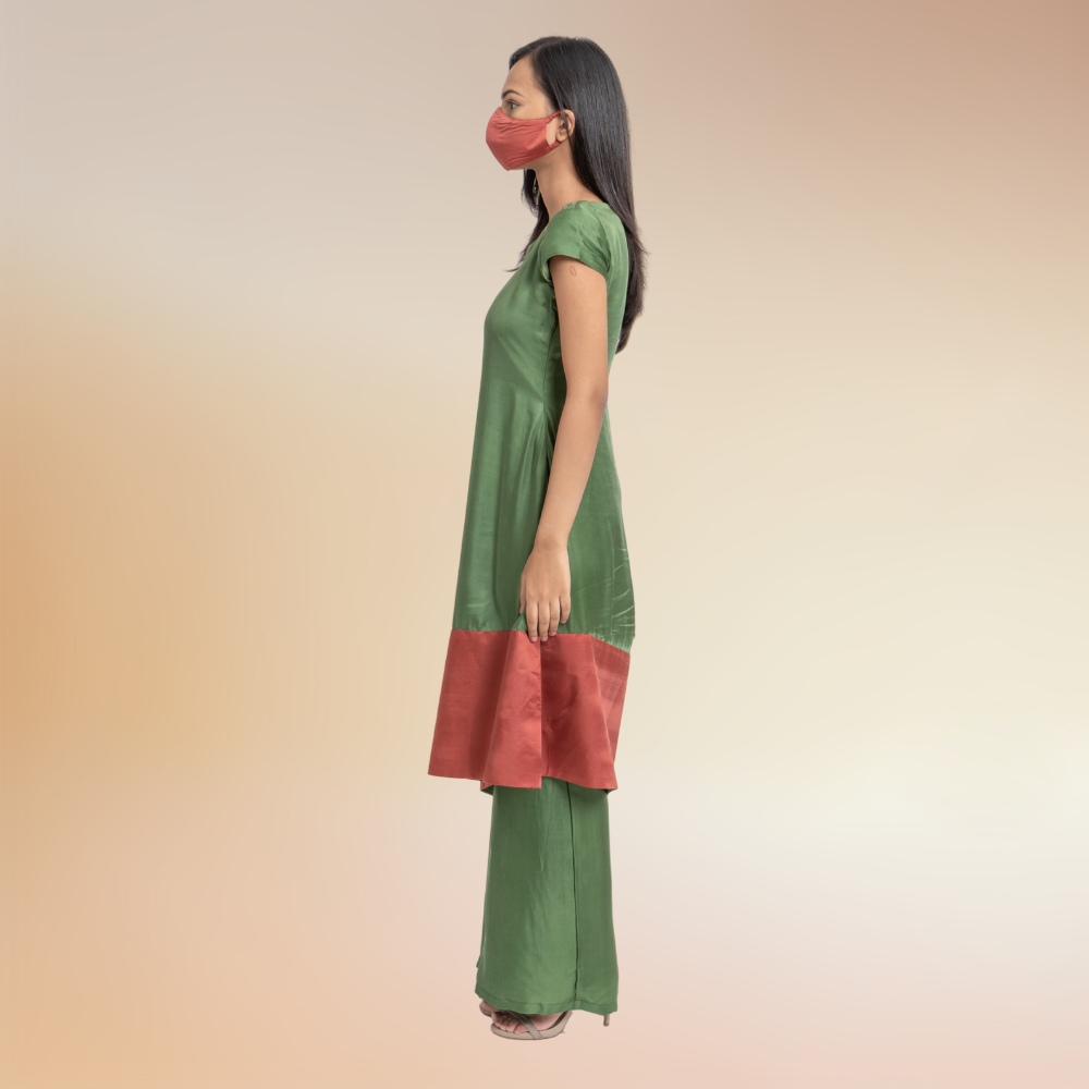 Olive Green Set | Co-ord | Kurta Set | Bemberg Modal Silk | Olive Green And Crimson