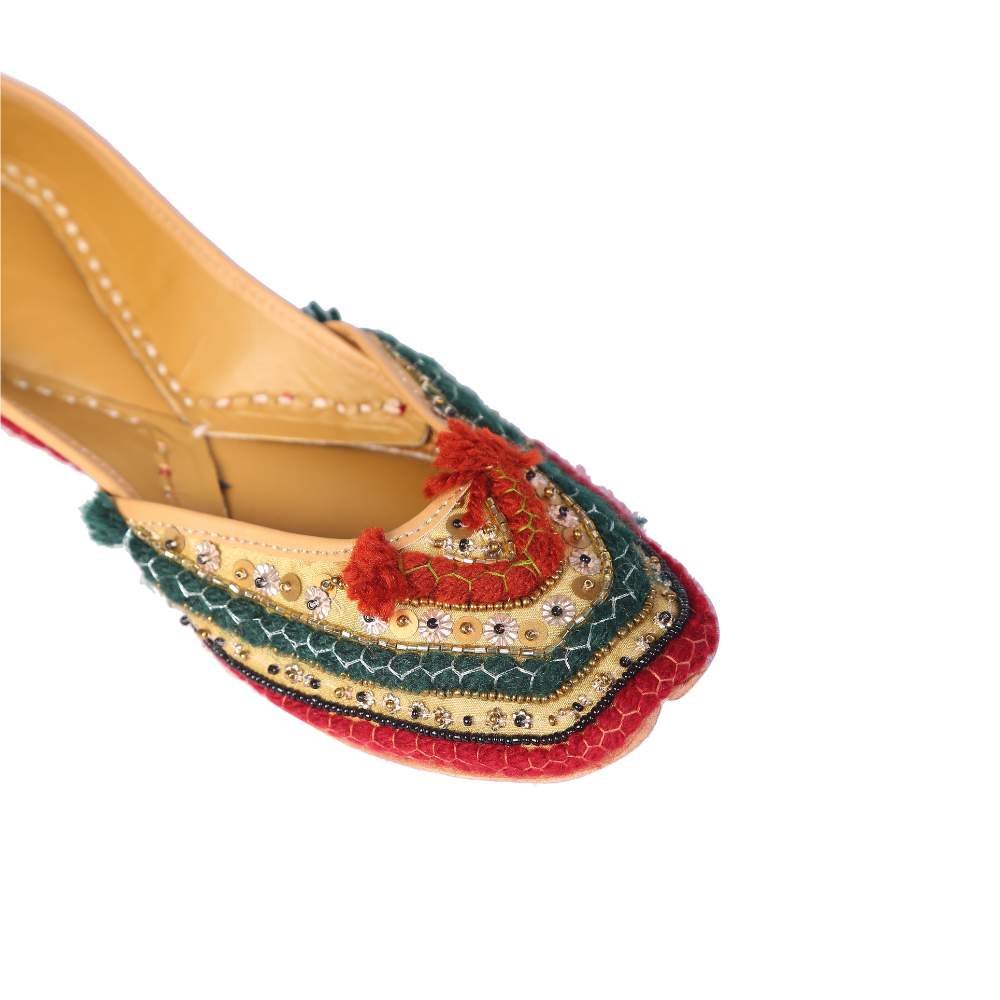 Golden Woollen Jutti | Pop of Red Green | Hand Embellished | Festive | Wedding