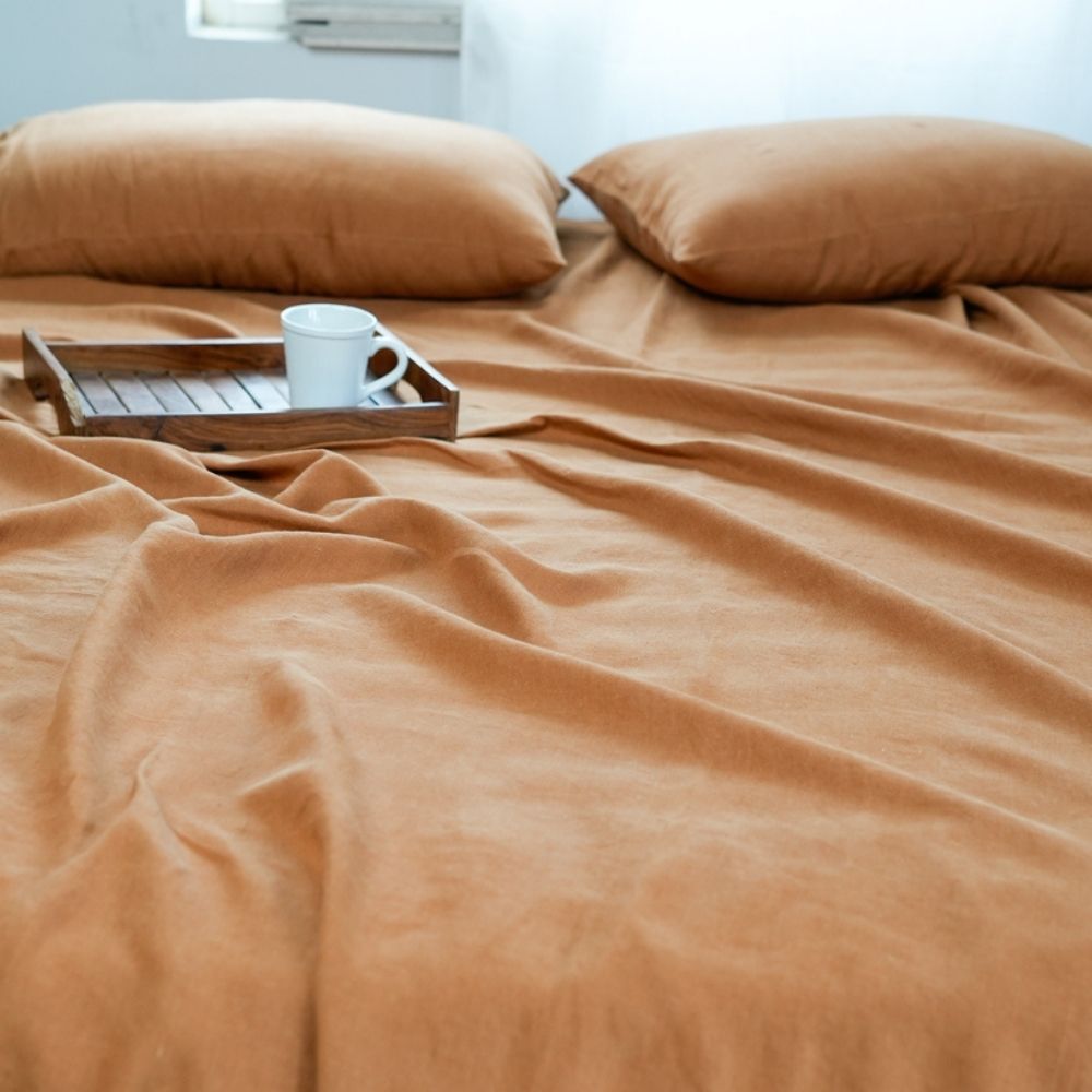 Eco-Friendly Linen Bed Sheet Set | Earthy Cinnamon Brown | Soft & Easy Wash