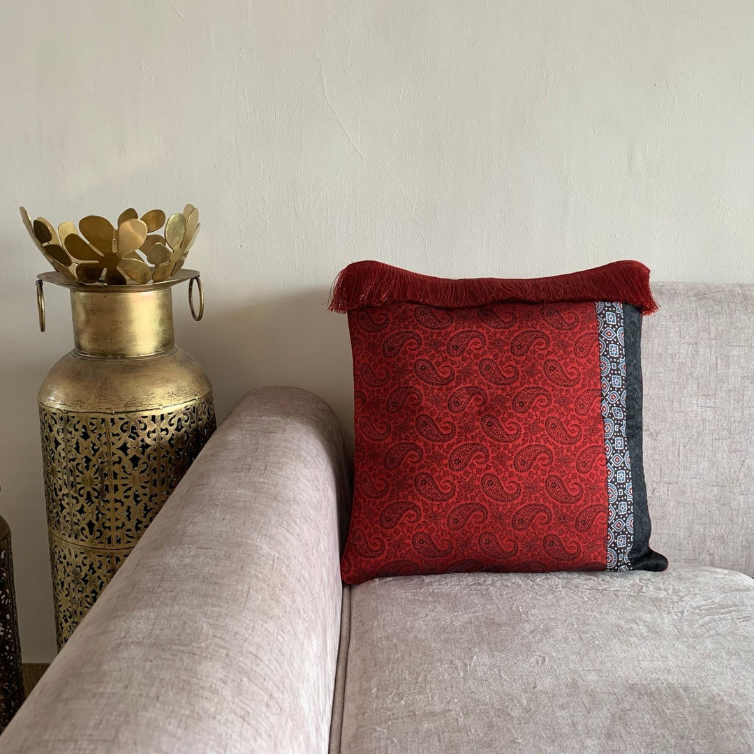 Maroon And Grey Tasselled Cushion Cover | Ajrakh And Banarasi | 16" x 16"