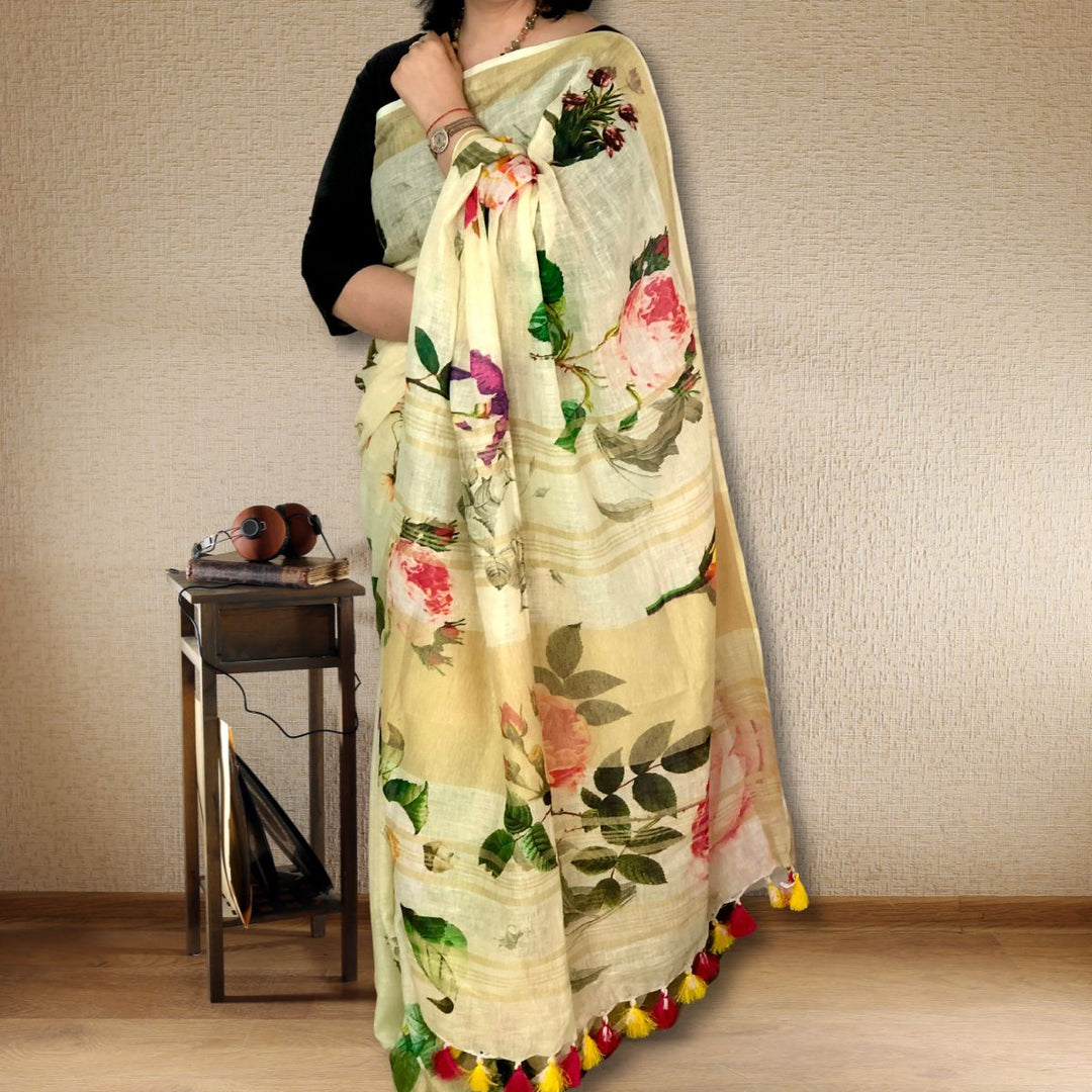 Pastel Green Floral Linen Saree | Refreshing and Vibrant | Delicate | Stylish