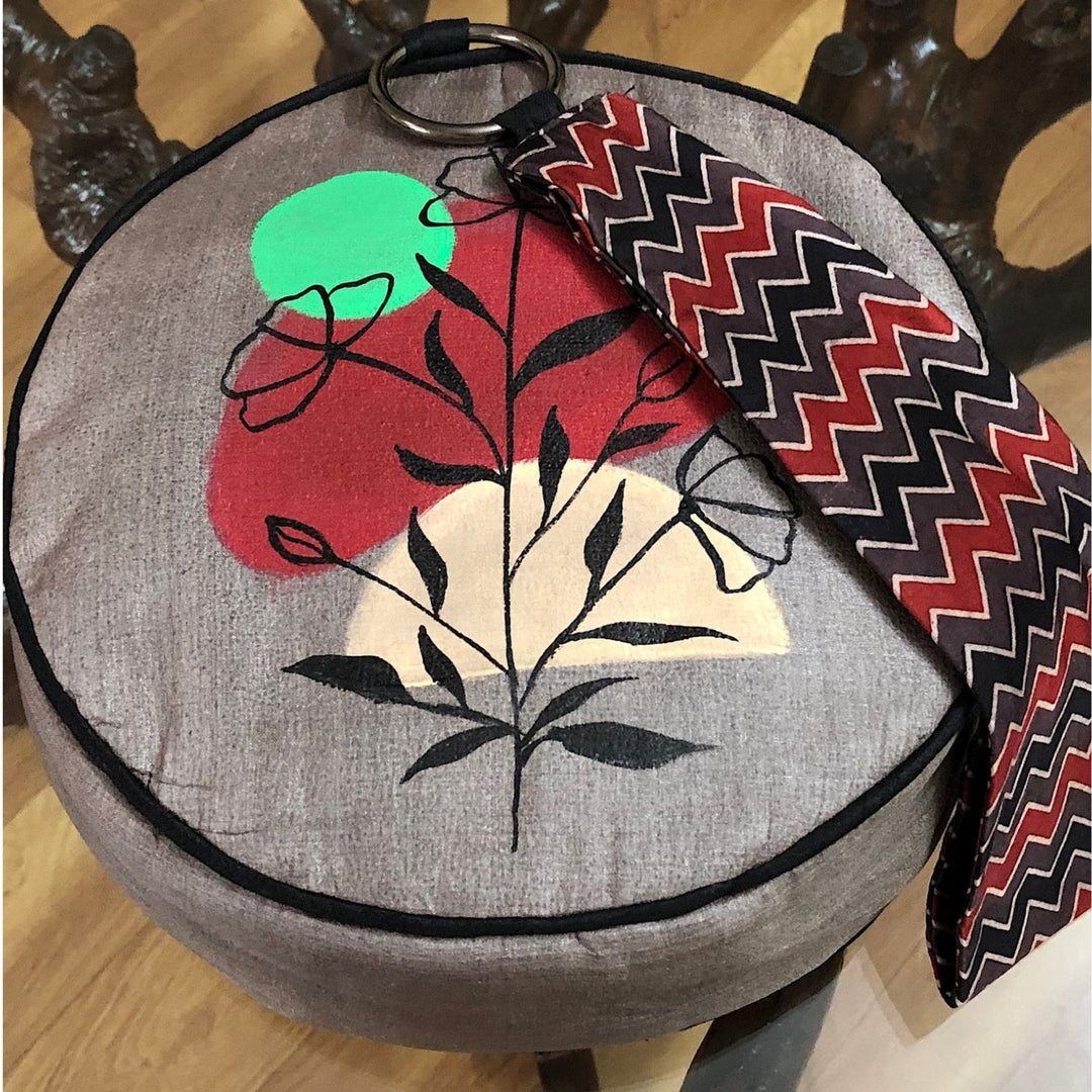 Ash Grey Circular Wrist Bag | Hand-Painted Floral Design