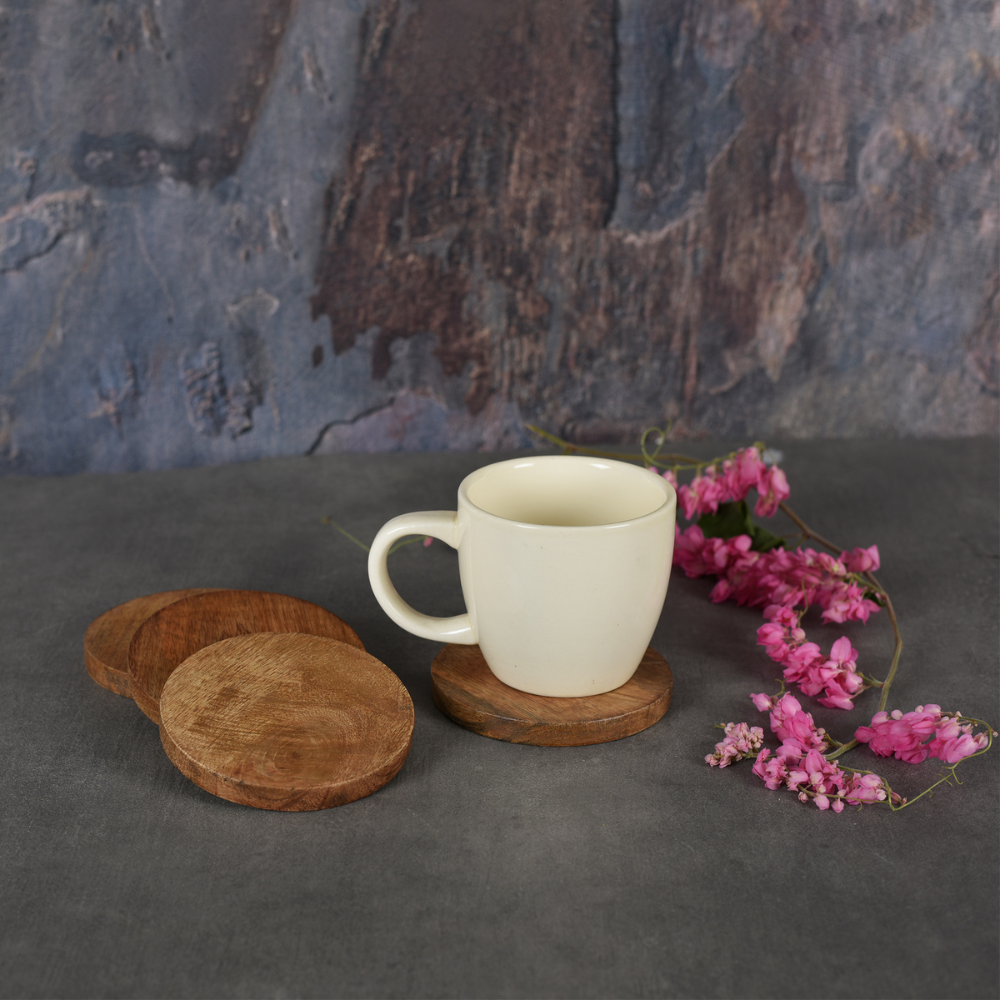 Wooden Coasters | Tableware | Handcrafted | Natural Wood Brown | Round Shape In 3.8" | Set Of 2