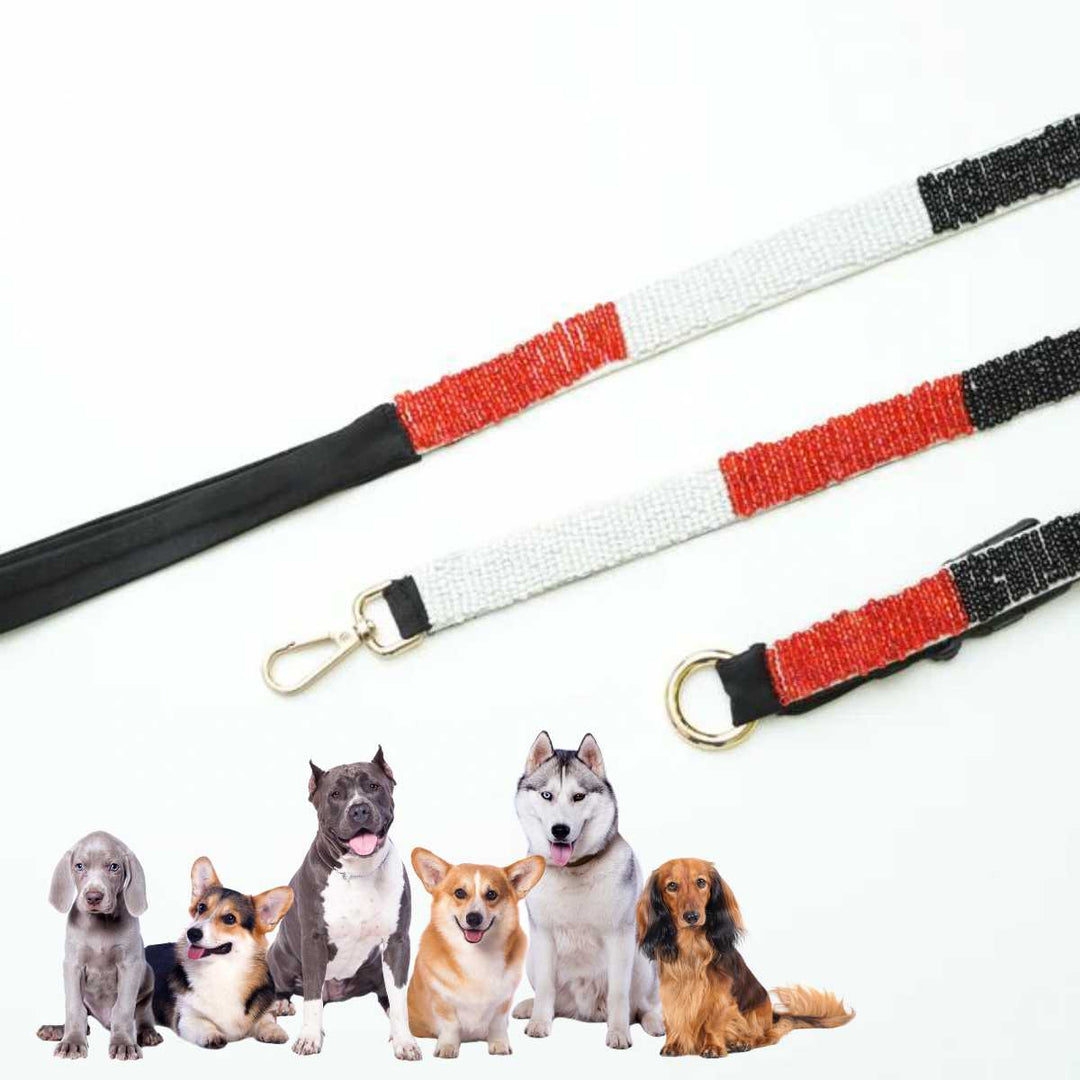 Tri-Colour Leash & Collar | Red Black & White | Hand-Embroidered | S/M/L | All Breeds