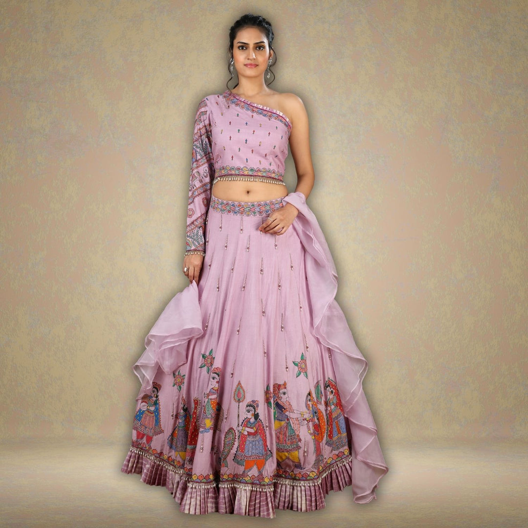 Shuchi Tussar Eri Silk Lehenga Set | Modern Silhouette | Madhubani Art | Hand-Painted  | Lilac