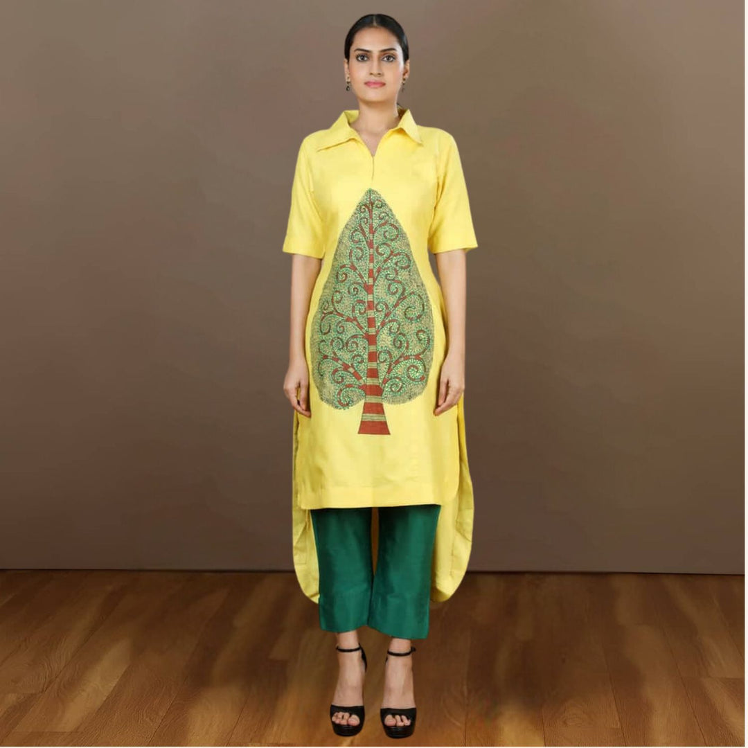 Aashi High Low Tussar Silk Kurta Set | Madhubani-painted | Yellow & Bottle Green