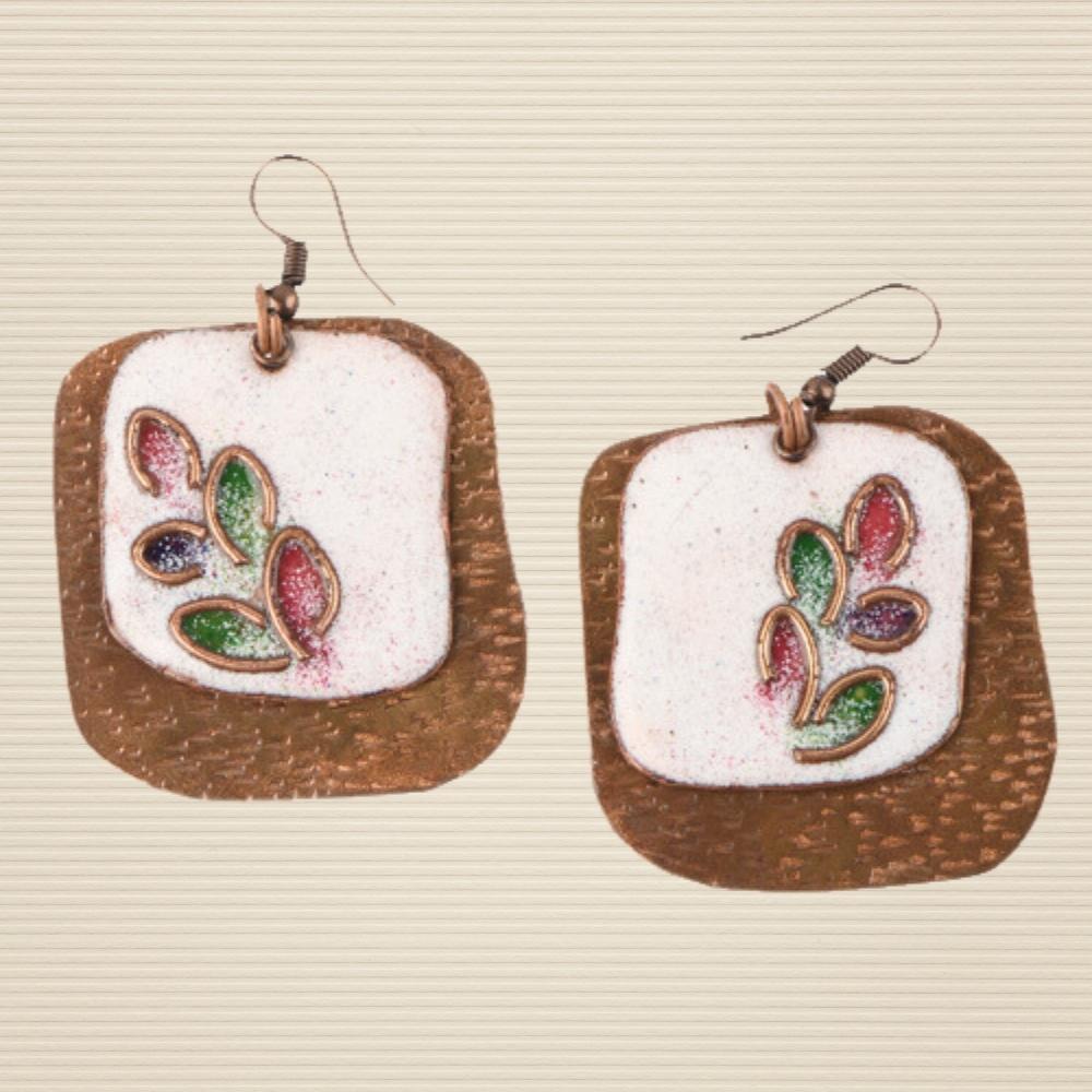 Phyllo Leaf Pattern Copper Enamel Dangler Earring | Hand-crafted