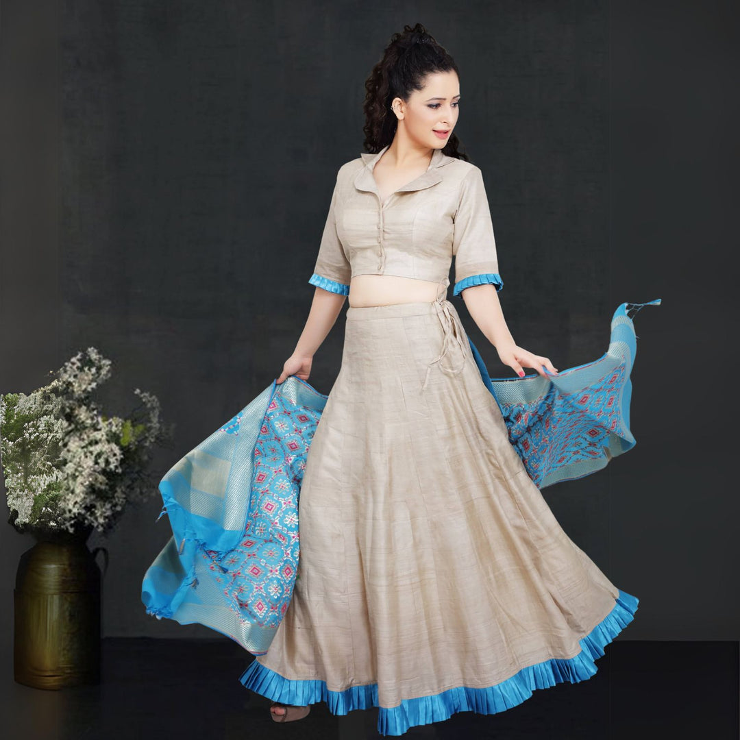 Megan Desi Tussar Silk Lehenga Set | Hand-Crafted | Minimalistic | Beige & Cobalt Blue