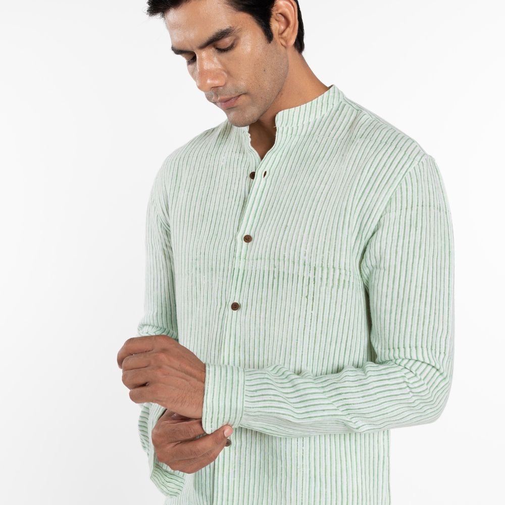 Green Stripes Mandarin Collar Shirt | 100% European Linen | Eco-Friendly