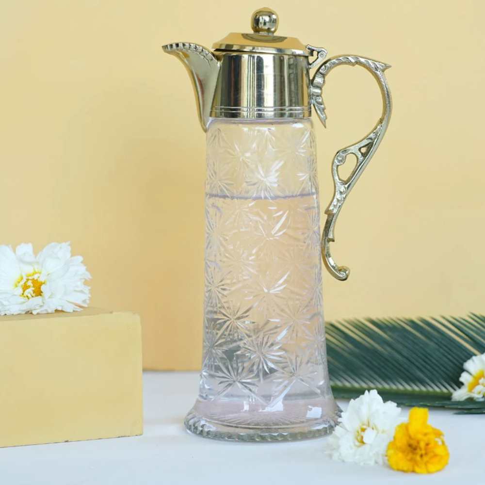 Silver Finish Brass And Glass Jug | Barware | Artistic Dining Decor | Hand Crafted | 14.5"