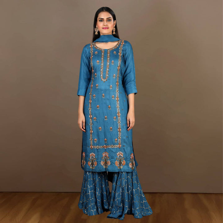 Aqsa Tussar Kurta Gharara Set | Hand-Embroidered | Occasion Wear | Cobalt Blue