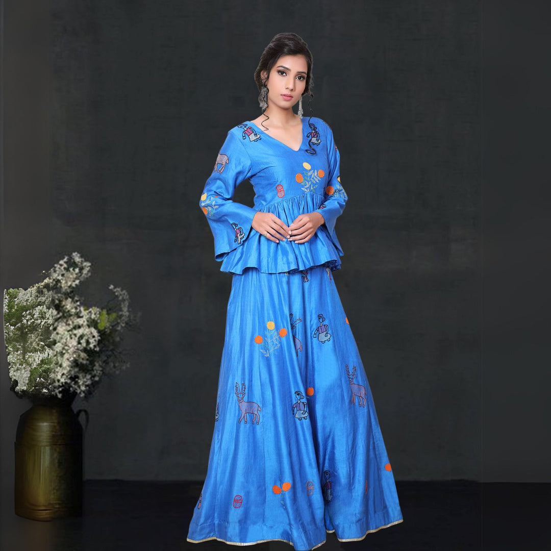 Ziva Tussar Silk Lehenga Set | Sujani Embroidered | Hand Crafted | Cobalt Blue