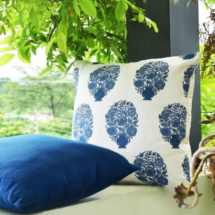 Blue & White Cotton Cushion Cover | Set Of 2 | 16 x 16 Inch 