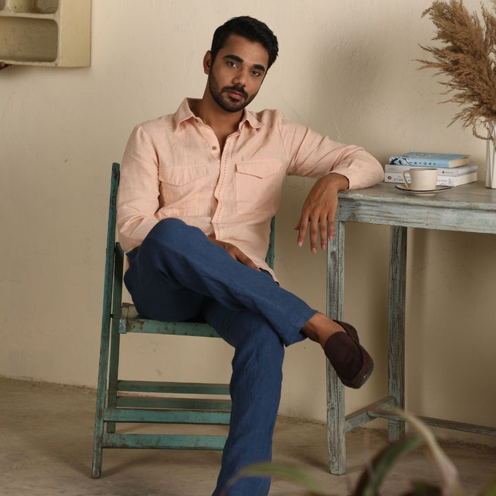 Peach Shirt With Kantha Embroidery | European Linen | Eco-Friendly