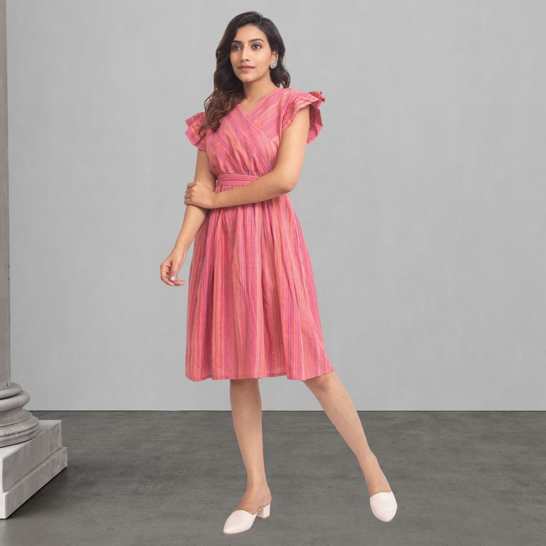 Stripe Pink Dress For Women | Stylish And Smart Wear | Girlish Ruffle Pattern 