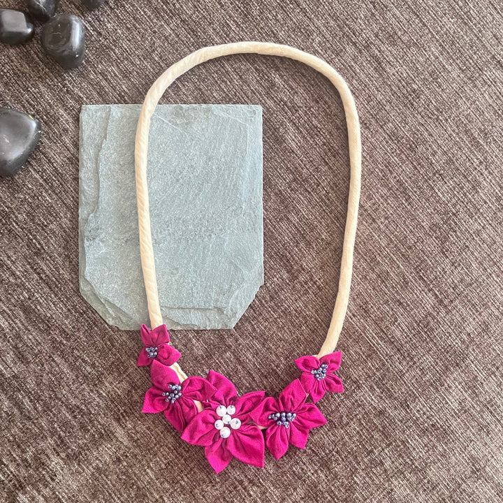 Floral Fabric Necklace For Women | Artistic & Hand Crafted | Magenta And Ivory