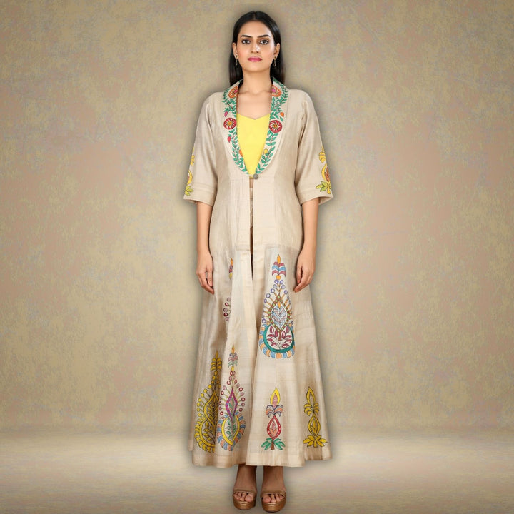 Niya Tussar Silk Floral Long Jacket | Madhubani Hand-Painted | Beige