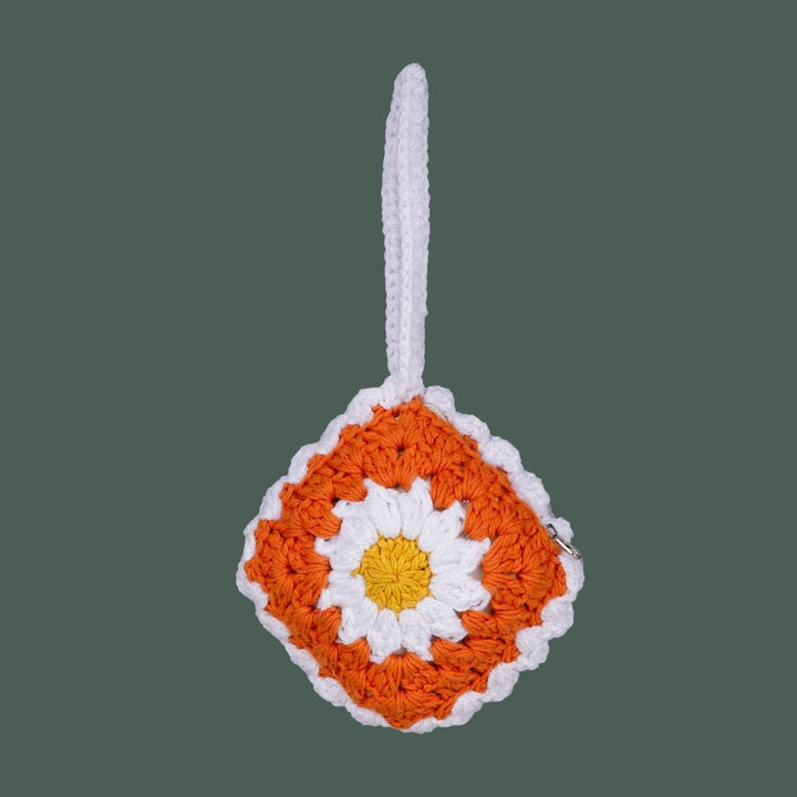 Orange  Wristlet Bag | Hand-Crochet | Cotton Yarn | Rust & Off-White