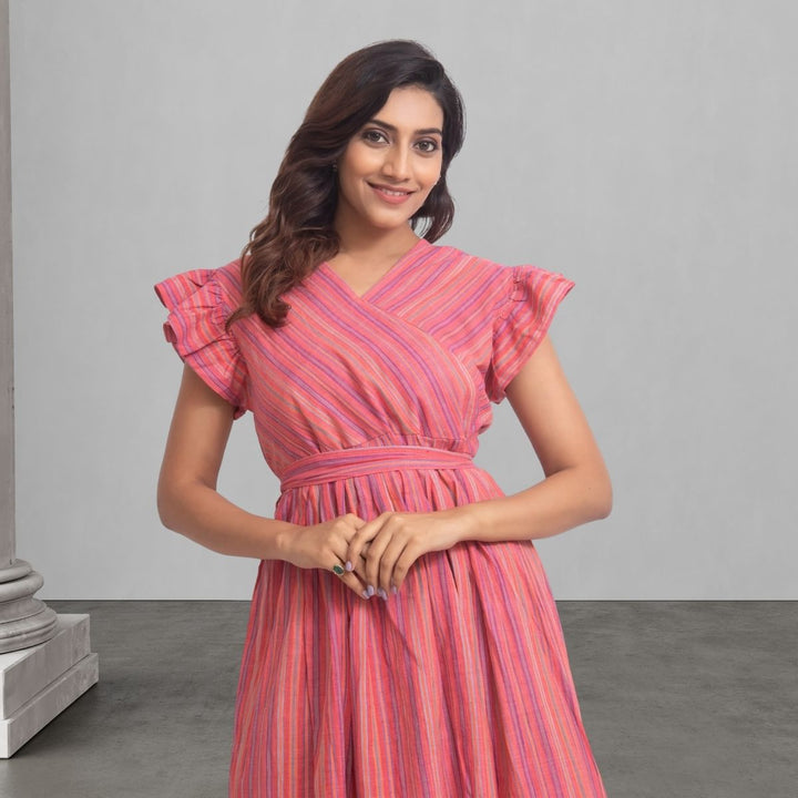 Stripe Pink Dress For Women | Stylish And Smart Wear | Girlish Ruffle Pattern 