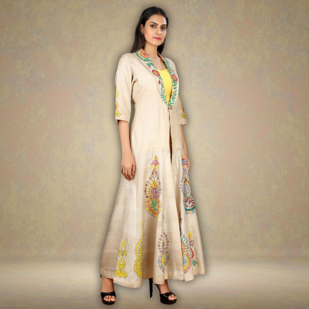 Niya Tussar Silk Floral Long Jacket | Madhubani Hand-Painted | Beige