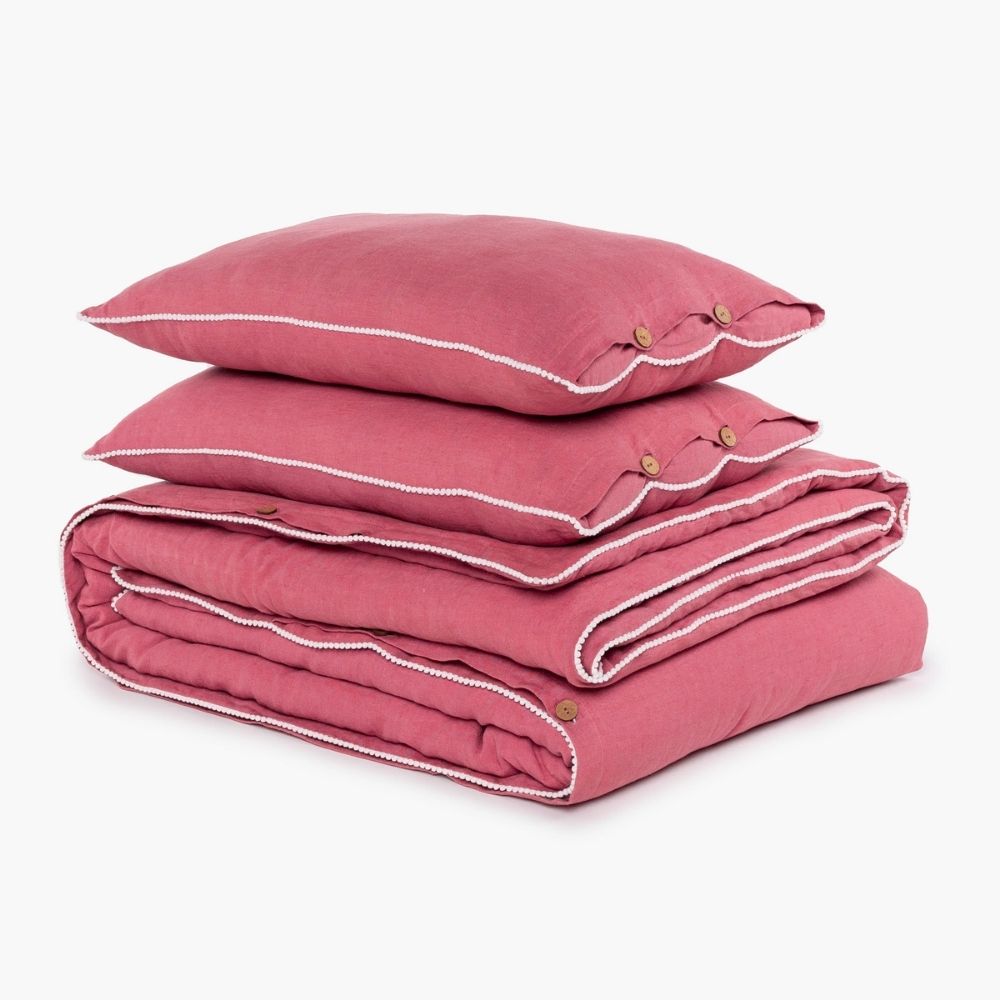 Linen Duvet Cover Set with Pillowcases | Delightful Watermelon Pink | Elegant