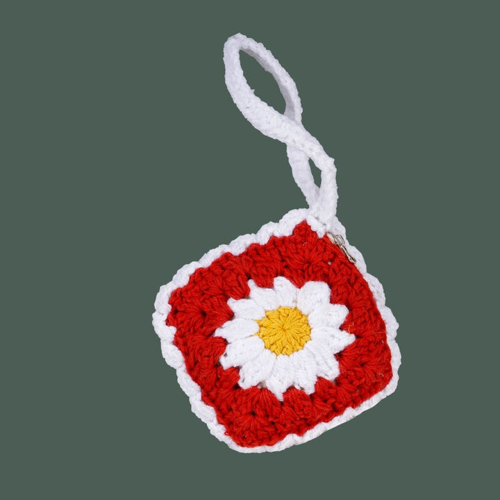 Daisy Wristlet Bag | Hand-Crafted & Crochet | Cotton Yarn | Crimson