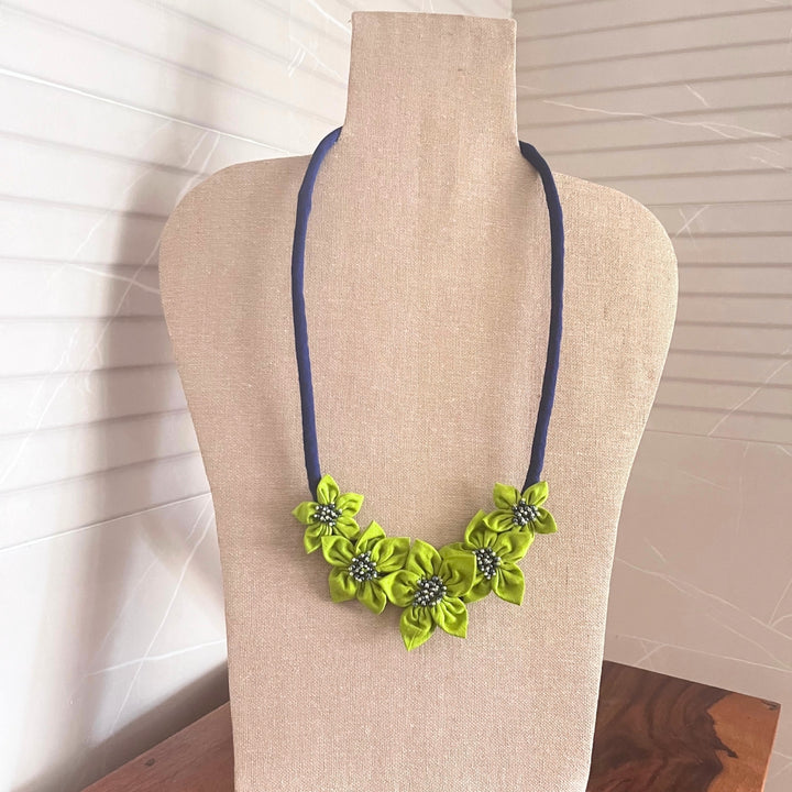 Fabric Flower Necklace For Women | Hand Crafted | Neon Green And Royal Blue