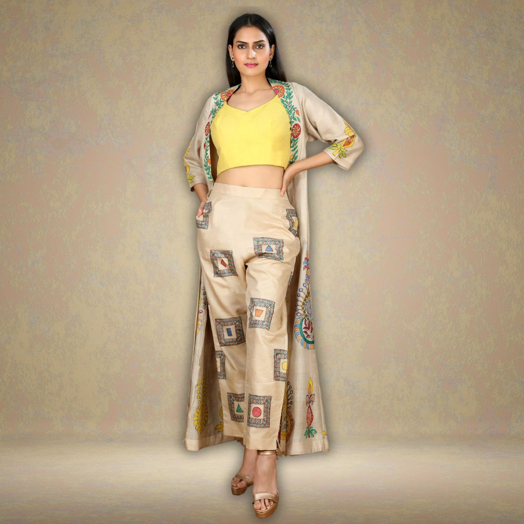 Niya Tussar Silk Floral Long Jacket | Madhubani Hand-Painted | Beige