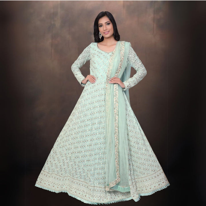 Aafreen Lucknowi Anarkali Kurta | Hand-Crafted | Elegant Embroidery | Sea Green