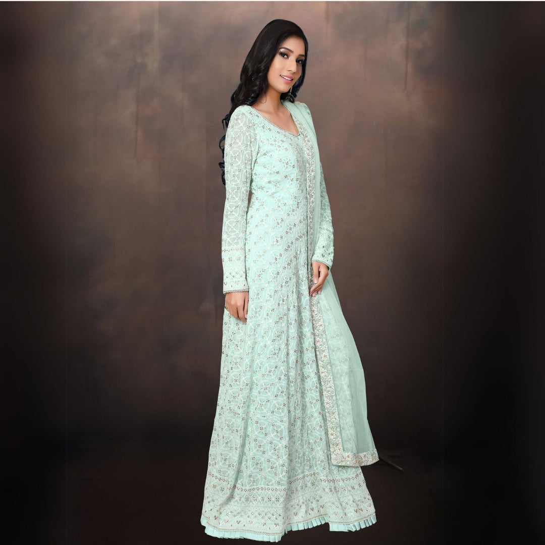 Aafreen Lucknowi Anarkali Kurta | Hand-Crafted | Elegant Embroidery | Sea Green