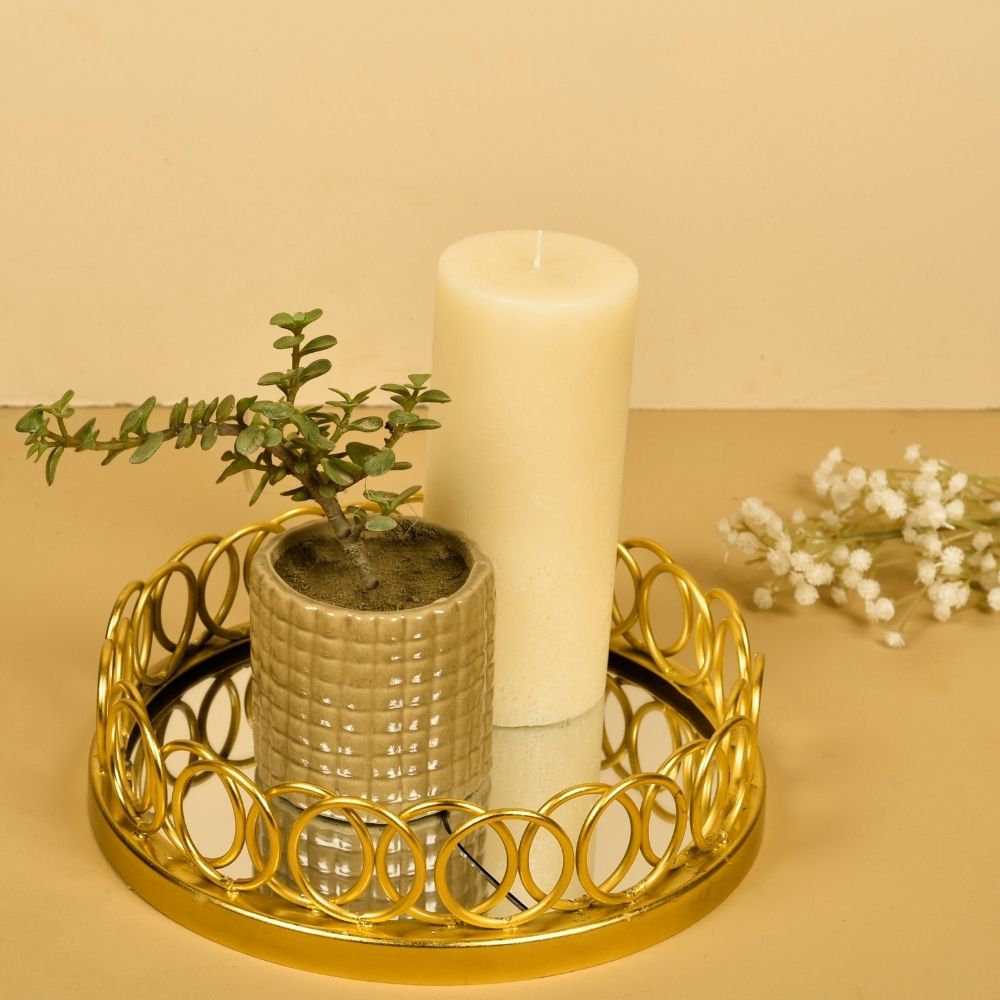 Gold Finish Decorative Mirror Tray In Round | Dining Room Decor | Artisanal | Hand-Crafted | 10 Inch