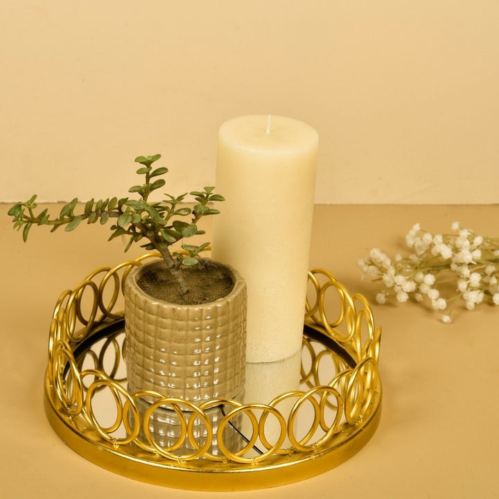 Gold Finish Decorative Mirror Tray In Round | Dining Room Decor | Artisanal | Hand-Crafted | 10 Inch
