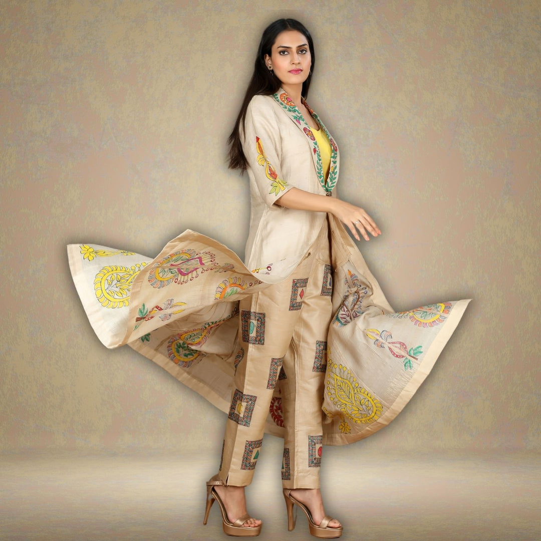 Niya Tussar Silk Floral Long Jacket | Madhubani Hand-Painted | Beige