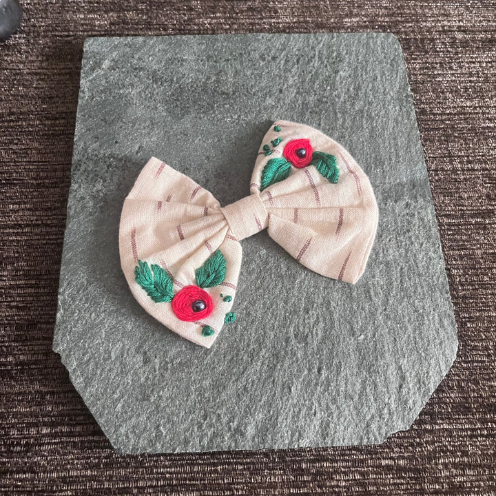 Cream Ikat Hair Bow Clip | Embroidered | Girls Hair Accessory | Floral | Delicate