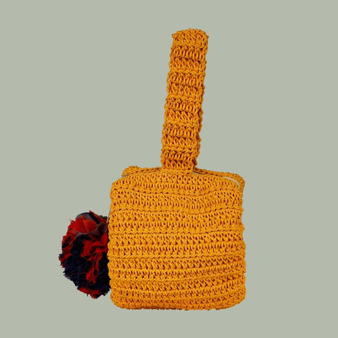 Cylinder Wrist Bag | Hand-Crochet | Cotton Yarn | Mustard Yellow