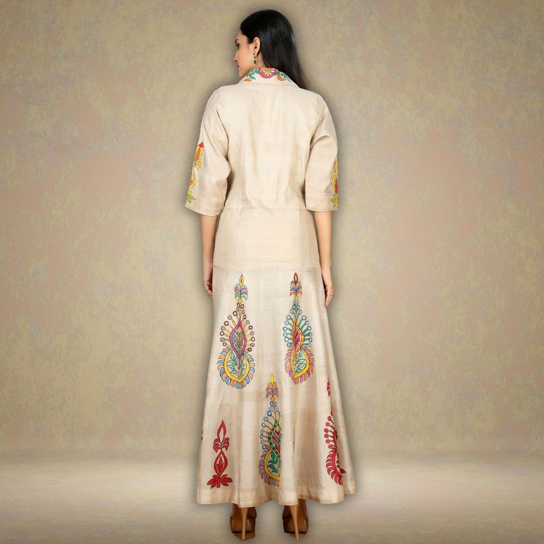 Niya Tussar Silk Floral Long Jacket | Madhubani Hand-Painted | Beige