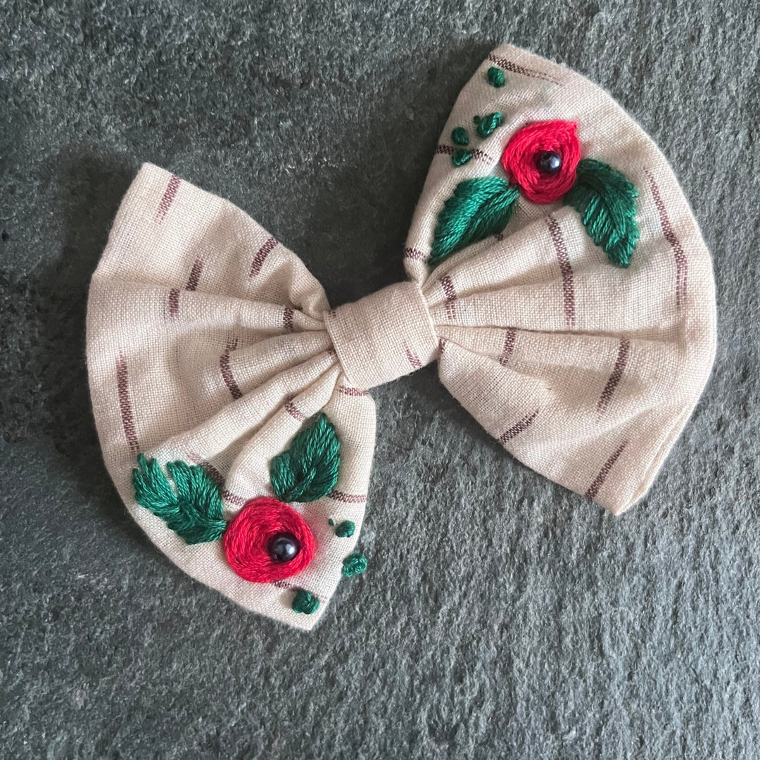 Bow Knot Hair Clips For Girls | Embroidered | Light Weight | Floral | Set of 2