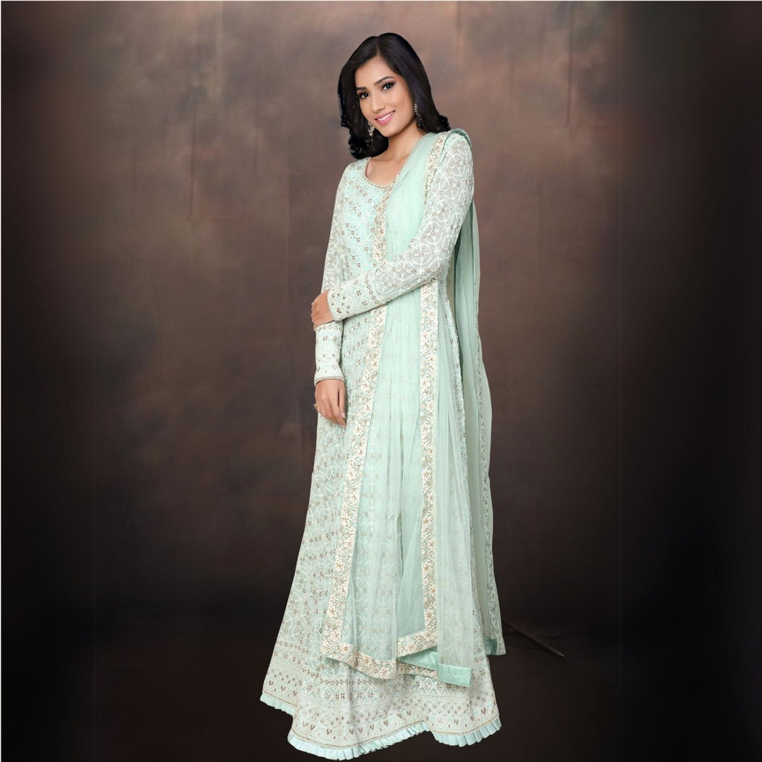 Aafreen Lucknowi Anarkali Kurta | Hand-Crafted | Elegant Embroidery | Sea Green