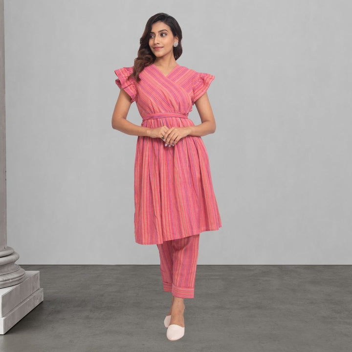 Pink Co-ord Set of Tunic and Pant For Women | Stripe Textured | Smart And Feminine Design 