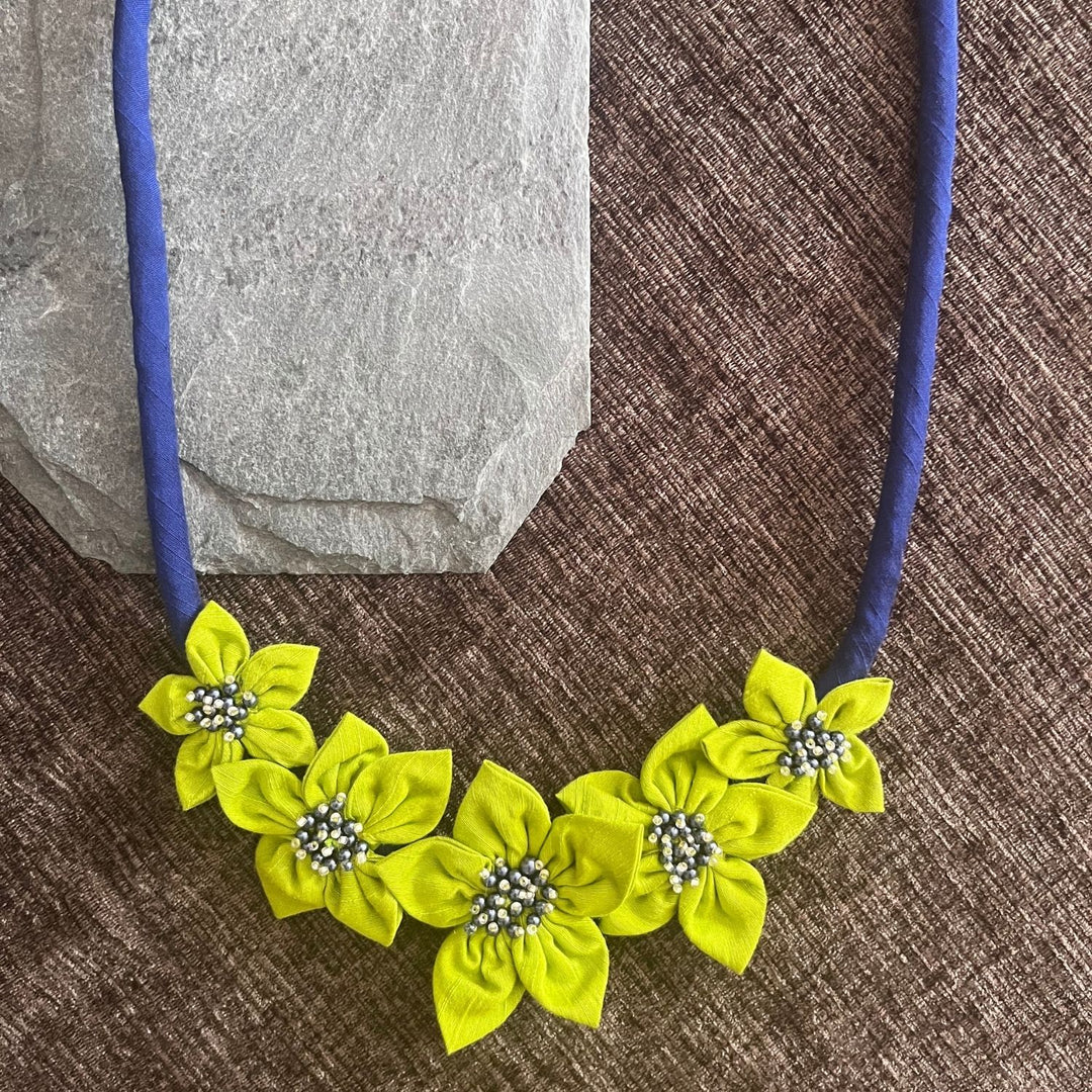 Fabric Flower Necklace For Women | Hand Crafted | Neon Green And Royal Blue